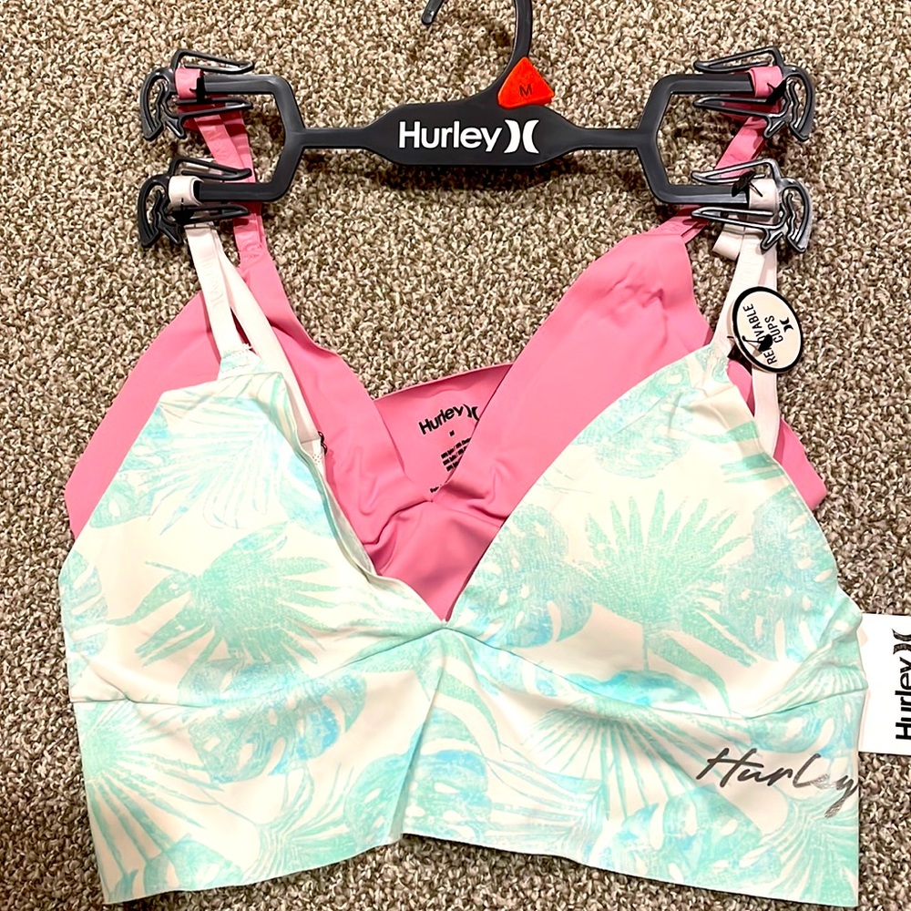 NWT 2 pack Hurley Bonded Brami Bra Medium Adjustable, Removable Cups, Pink/Blue
